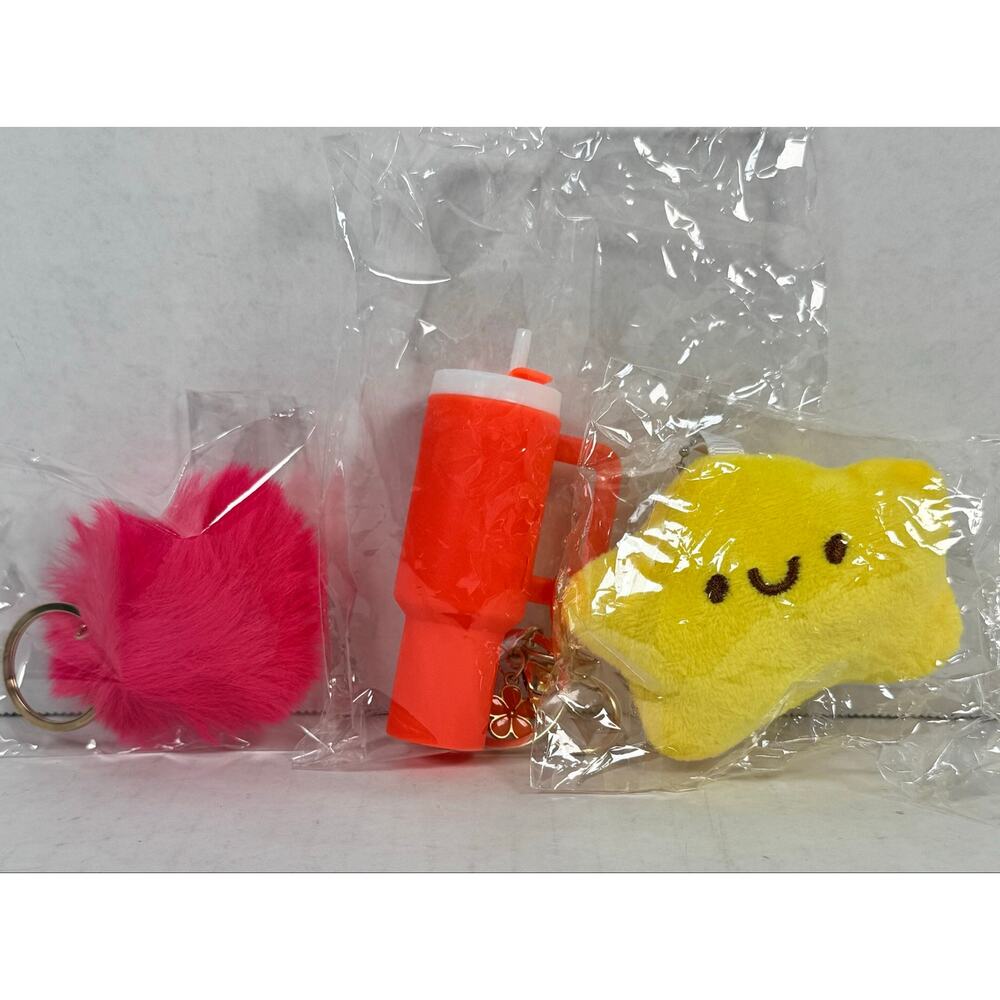 Cute Purse Charm Keychain Lot Pink Pom Pom Star Plush Mini Tumbler 3 Pc